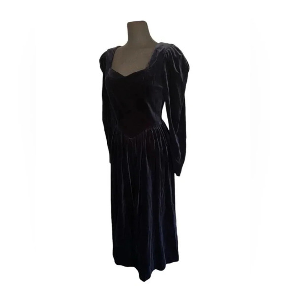 Vintage Laura Ashley dress SIZE US 10 UK 12 Navy velvet 1980's sexy goth - Picture 3 of 8